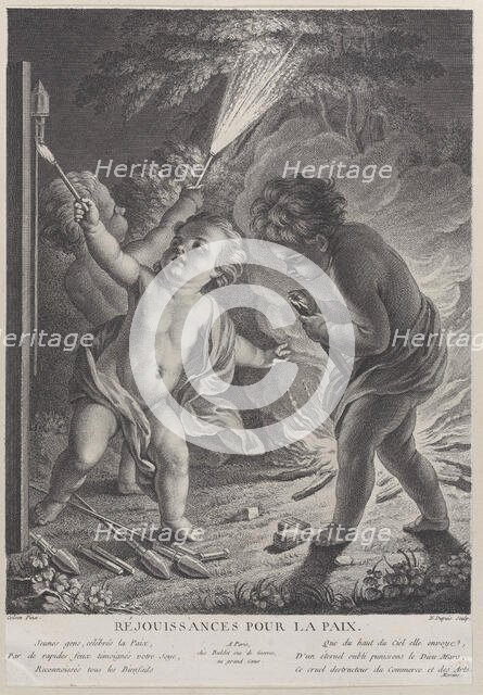 Celebrating Peace (Réjouissances pour la paix), three putti with fireworks, 1745-71., 1745-71. Creator: Nicolas-Gabriel Dupuis.