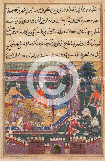 Page from Tales of a Parrot (Tuti-nama): Fifth night: The wounded monkey bites the hand…., c1560. Creator: Unknown.