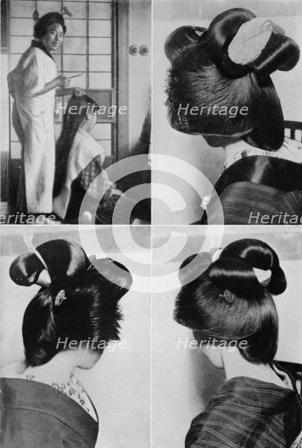 ''It takes two hours for a geisha's hairstyle, the coiffure, lasts several days', c1900, (1921).  Artist: Julian Leonard Street.