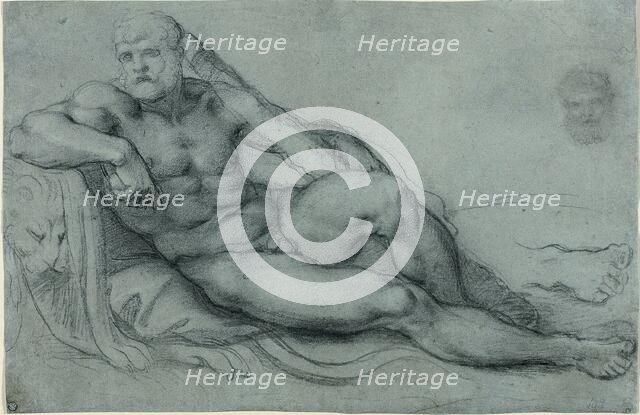 Study of Hercules Resting, with Separate Studies of His Head and Foot (recto); Rectangul..., 1595/97 Creator: Annibale Carracci.