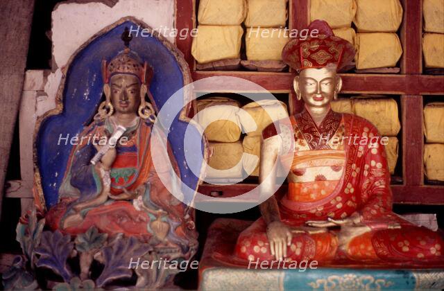 Sculptures and books, Buddhist monastery , Ladakh, India, 1988. Creator: Amanda Waite.