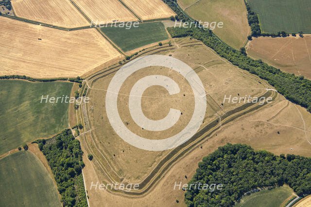 Hod Hill, the earthwork remains of an Iron Age hillfort and a Roman fort, Dorset, 2022. Creator: Damian Grady.