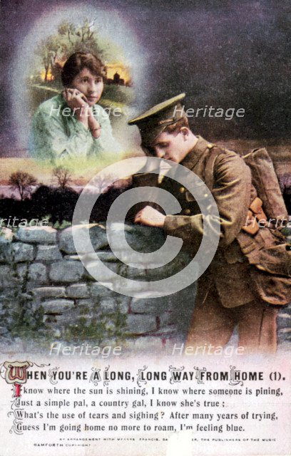 British soldier dreaming of his country sweetheart at home, World War I, 1914-1918. Artist: Unknown