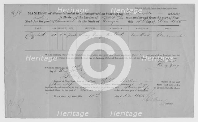 Manifest of Slaves intended to be transported on board the Knoxville...1855. Creator: Unknown.