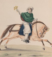 An elegantly dressed woman on horseback, from a group of drawings depicting Peruvian..., ca. 1848. Creator: Attributed to Francisco (Pancho) Fierro.