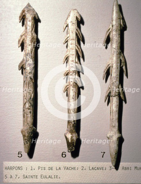 Bone Harpoons for fishing, Dordogne region, France, Paleolithic Period, (c20th century). Artist: Unknown.