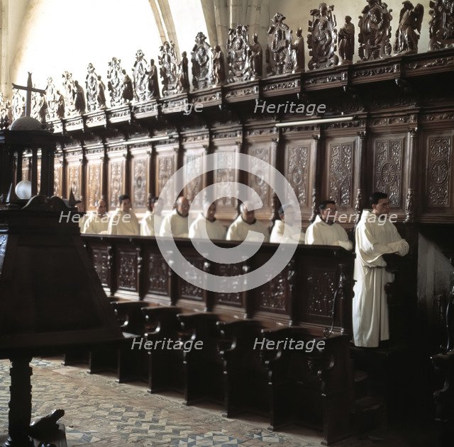 Monastery of Santa María de la Huerta, church, detail of the carved choir in walnut wood.