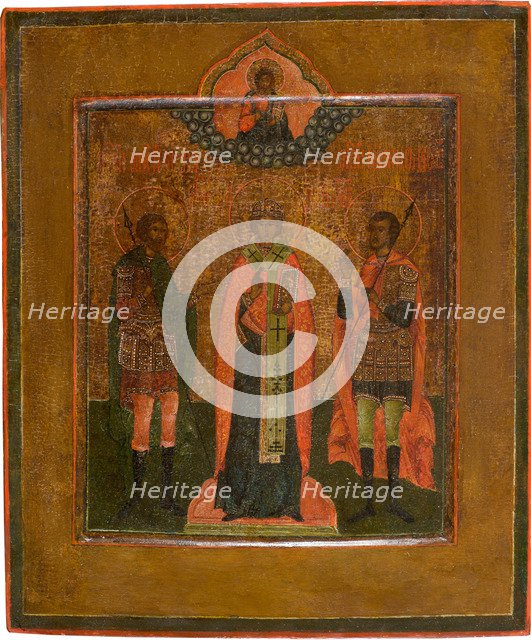 Saints Menas, Nikita of Novgorod and John the Warrior, First quarter of 19th century. Artist: Russian icon  