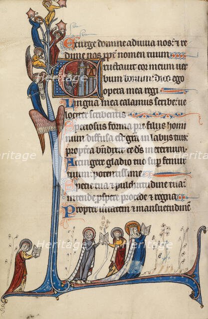 Initial E: David Playing the Harp; Bute Psalter, text and illumination about 1285. Creator: Bute Master.