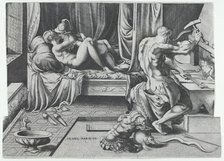 Venus and Mars Embracing as Vulcan Works at His Forge, 1543. Creator: Enea Vico.