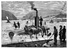 Cutting ice on the St Lawrence river, Canada, using a steam-powered saw, 1894. Artist: Unknown
