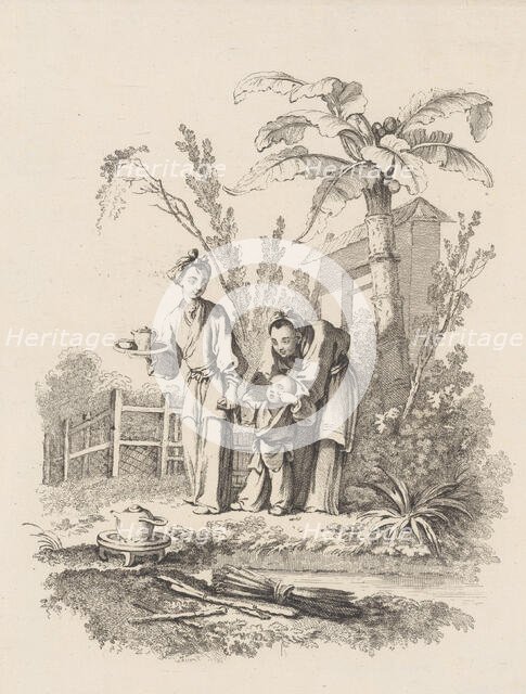 Two Women Leading a Child toward a Teapot on a Table near a Pond, ca. 1742. Creator: Gabriel Huquier.