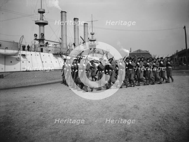 U.S.S. Brooklyn, Marine guard company drill, (1897?). Creator: Unknown.