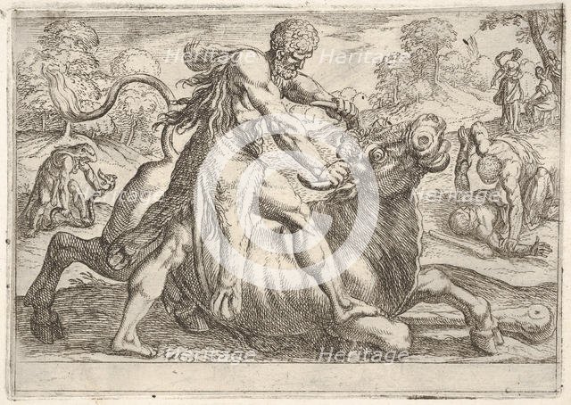 Hercules and Achelous: at center Hercules grasps the horns of a bull while pressing his ri..., 1608. Creator: Antonio Tempesta.