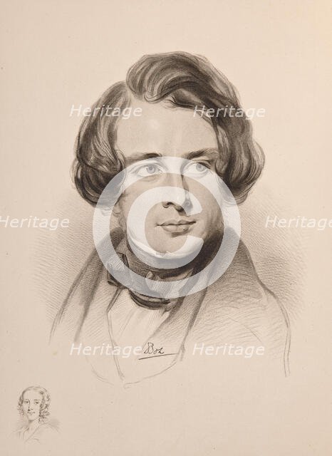 Portrait of Charles Dickens. Sketch of Dickens' sister Fanny, bottom left , 1842. Creator: Anonymous.