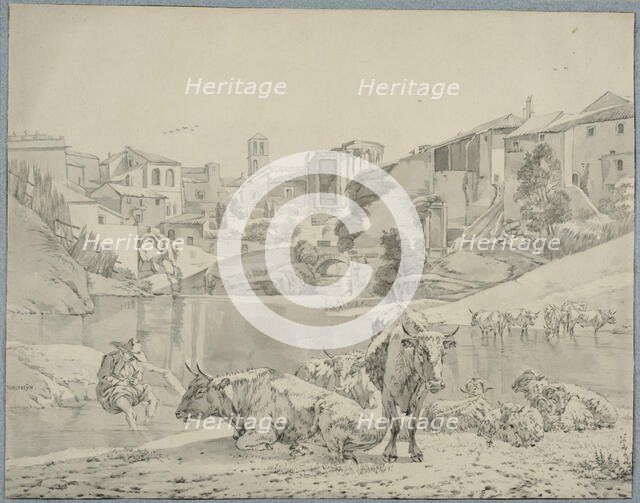 Cattle on the river Aniene in Tivoli. Creator: Willem Romeyn.