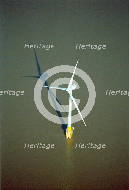Aerial view of a wind turbine, Scroby Sands Wind Farm, near Great Yarmouth, Norfolk, c2000s. Artist: Historic England Staff Photographer.