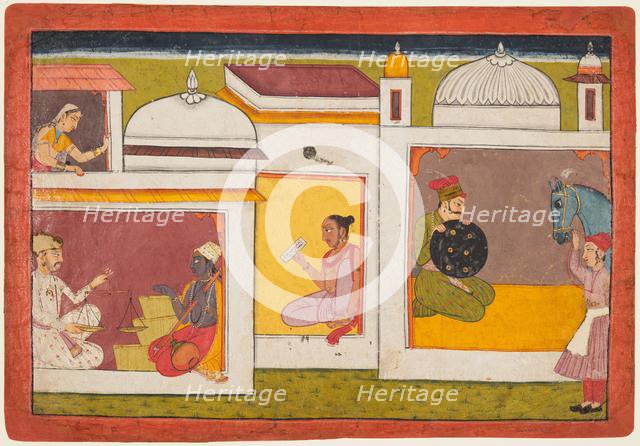 Inside a building, Madhava sits facing a man holding a scale, from a Madhavanala..., c. 1700. Creator: Unknown.