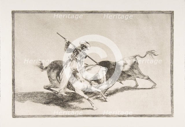 Plate 5 from 'The Tauromaquia': The spirited Moor Gazul is the first to spear bulls accord..., 1816. Creator: Francisco Goya.