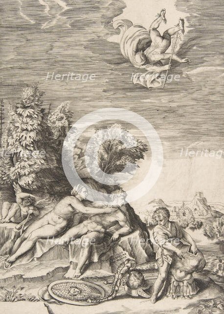 Calypso trying to detain Ulysses as a child prepares his armour at right and Mercury fa..., 1531-76. Creator: Giulio Bonasone.