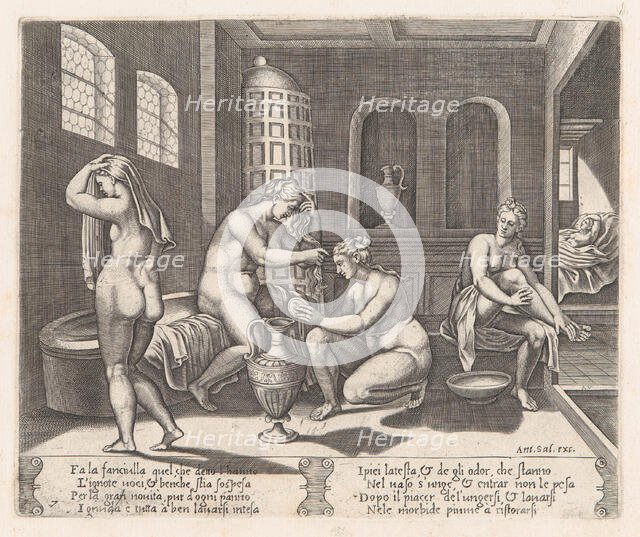 Plate 7: Psyche attended in her bath, from the Story of Cupid and Psyche as told by Apu..., 1530-60. Creator: Agostino Veneziano.