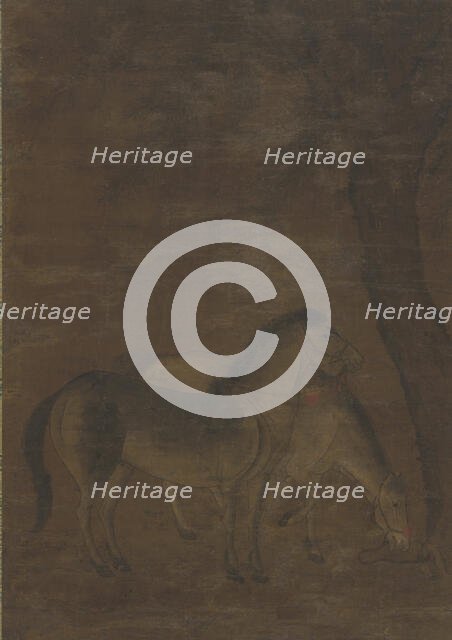 Two horses under a tree, Ming dynasty, 1368-1644. Creator: Unknown.