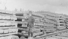 Frank G. Carpenter standing by railroad ties, between c1900 and 1916. Creator: Unknown.