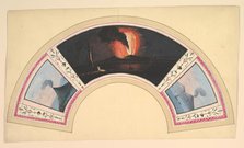 Fan Design with Eruption of Vesuvius and Three Views, 18th century. Creator: Anon.