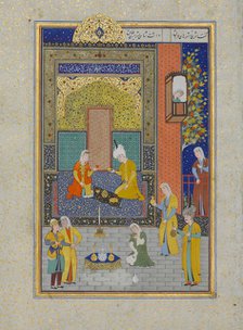 Bahram Gur in the Yellow Palace on Sunday, Folio 213 from a Khamsa..., A.H. 931/A.D. 1524-25. Creators: Shaikh Zada, Mahmud Muzahhib, Sultan Muhammad Nur.