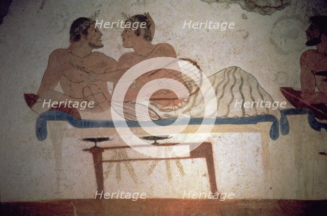 Banquet in which a deceased participates. Detail of a painting in the Jumper Tomb at Paestum.