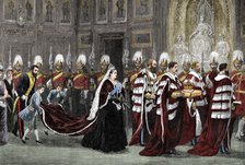 The royal procession in Westminster Palace on the way to the House of Lords, 1886, (1900). Artist: Unknown.