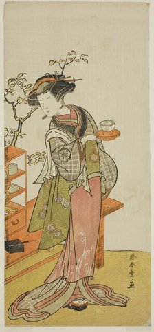 The Actor Nakamura Tomijuro I as the Waitress Otake in the Play Chigo Suzuri Aoyagi..., c. 1777. Creator: Shunsho.