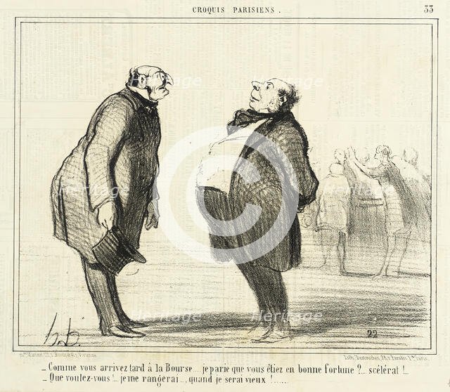 Comme vous arrivez tard à la Bourse..., 1857. Creator: Honore Daumier.