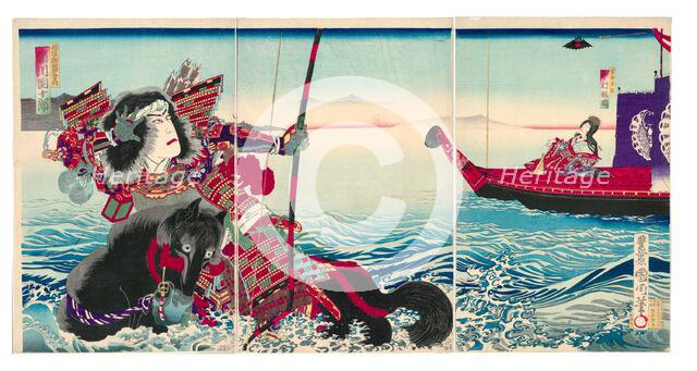 Actors Ichikawa Danjuro IX as Nasu no Yoichi Munetaka and Nakamura Fukusuke IV as Tamamushi..., 1885 Creator: Toyohara Kunichika.