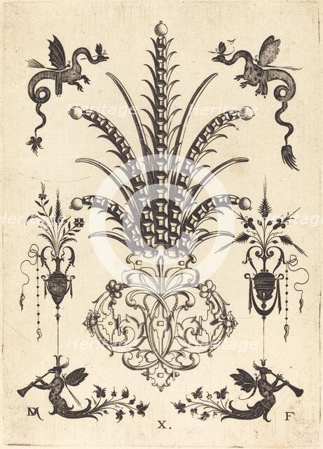 Brooch with Table-Stones, Dragons at Top, andWinged Monsters Blowing Horns at Bottom, 1596. Creator: Daniel Mignot.