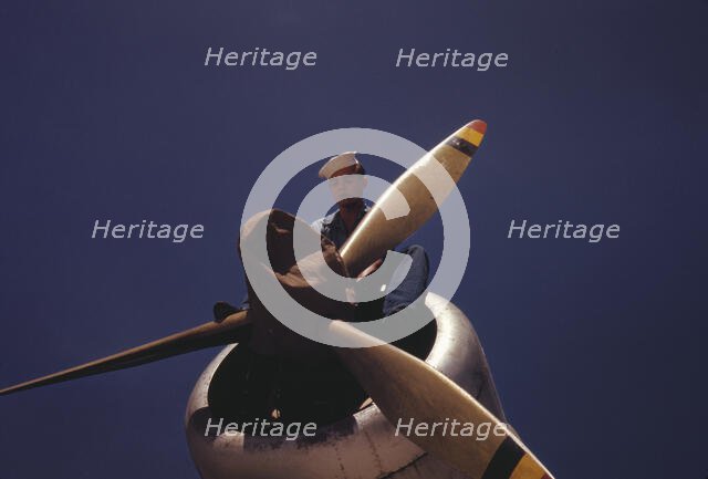 This sailor mechanic is inspecting a PBY plane at the Naval Air Base in Corpus Christi, Texas, 1942. Creator: Howard Hollem.