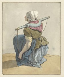Sitting woman with a yoke on her shoulders, 1700-1800. Creator: W. Barthautz.