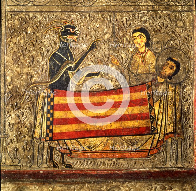 Front of Sant Marti of Gia or Xia in the Benasque Valley, Alta Ribagorza, with scenes of the life…