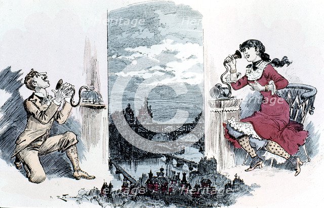 Courting by telephone across Paris, 1883. Artist: Unknown
