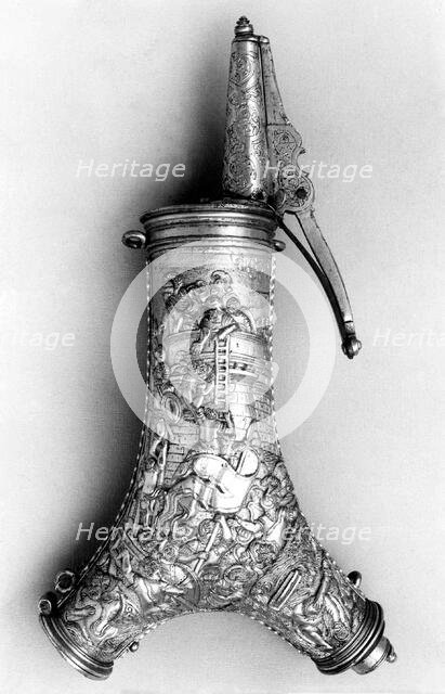 Powder Flask with Bullet Box, Clock, Compass, and Sundial, German, ca. 1570-1600. Creator: Unknown.