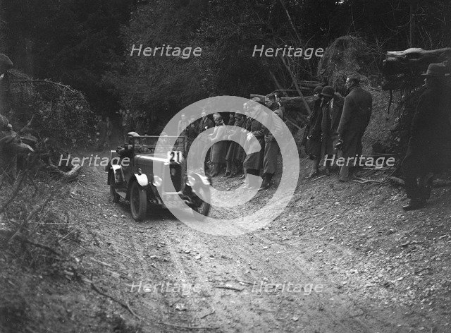 Triumph Super Seven of FA Thatcher, JCC Half-Day Trial, Goat Track, Ranmore Common, Surrey, 1930. Artist: Bill Brunell.