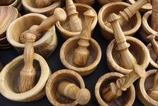 Wooden pestles and mortars for sale in a market, Mallorca, Spain.
