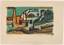 River Landscape with Crane and Barges, 1927. Creator: Ernst Kirchner.