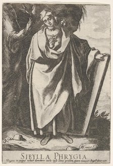 Plate 9: the Phrygian Sibyl holding the top of a tablet with her left hand and pointing wi..., 1609. Creator: Raffaello Schiaminossi.