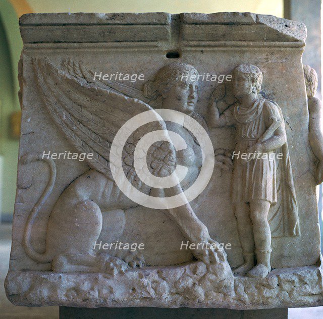 Oedipus and the Sphinx on a Greek sarcophagus. Artist: Unknown