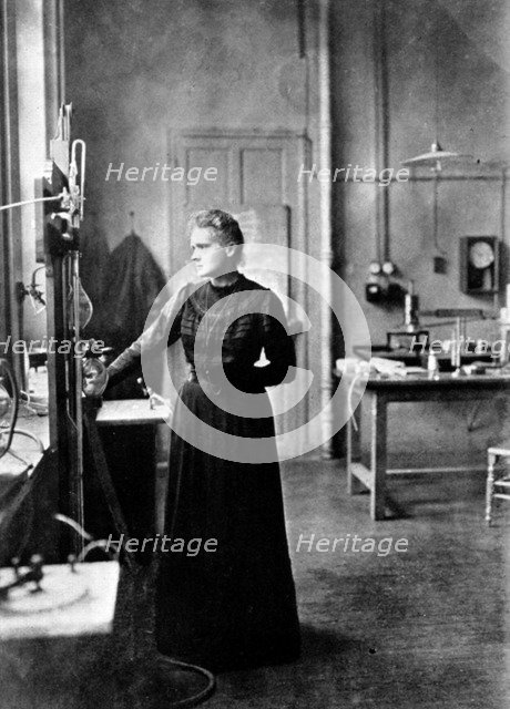 Marie Curie, Polish-born French physicist in her laboratory, 1912. Artist: Unknown