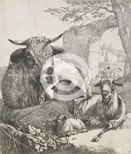 Sheep, goats and cows series: Recumbent bull, 1668-1670. Creator: Johann Heinrich Roos.