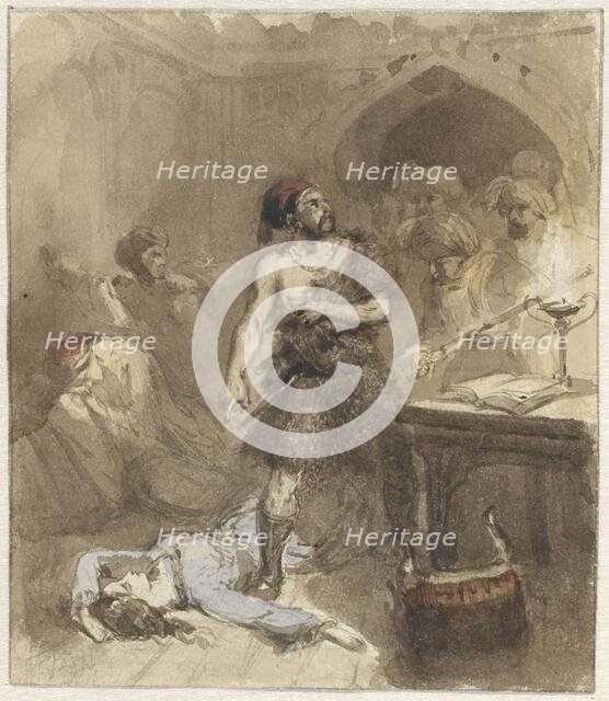 A man pointing to a woman lying on the floor, 1824-1888.  Creator: Charles Rochussen.