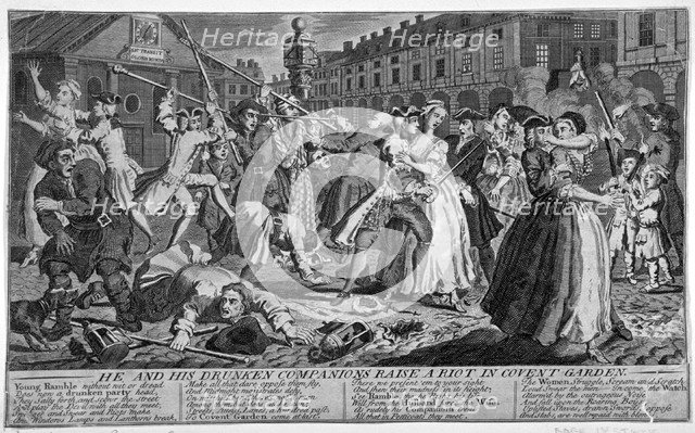 'He and his drunken companions raise a riot in Covent Garden', 1735. Artist: Anon