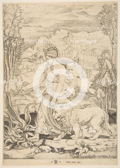 Fortitude in profile view walking toward a fire at left and leading a harnessed lio..., ca. 1515-27. Creator: Marco Dente.